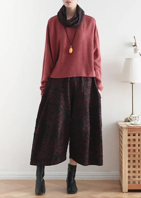 2019 autumn and winter literary wide leg pants large size jacquard retro nine points red pants