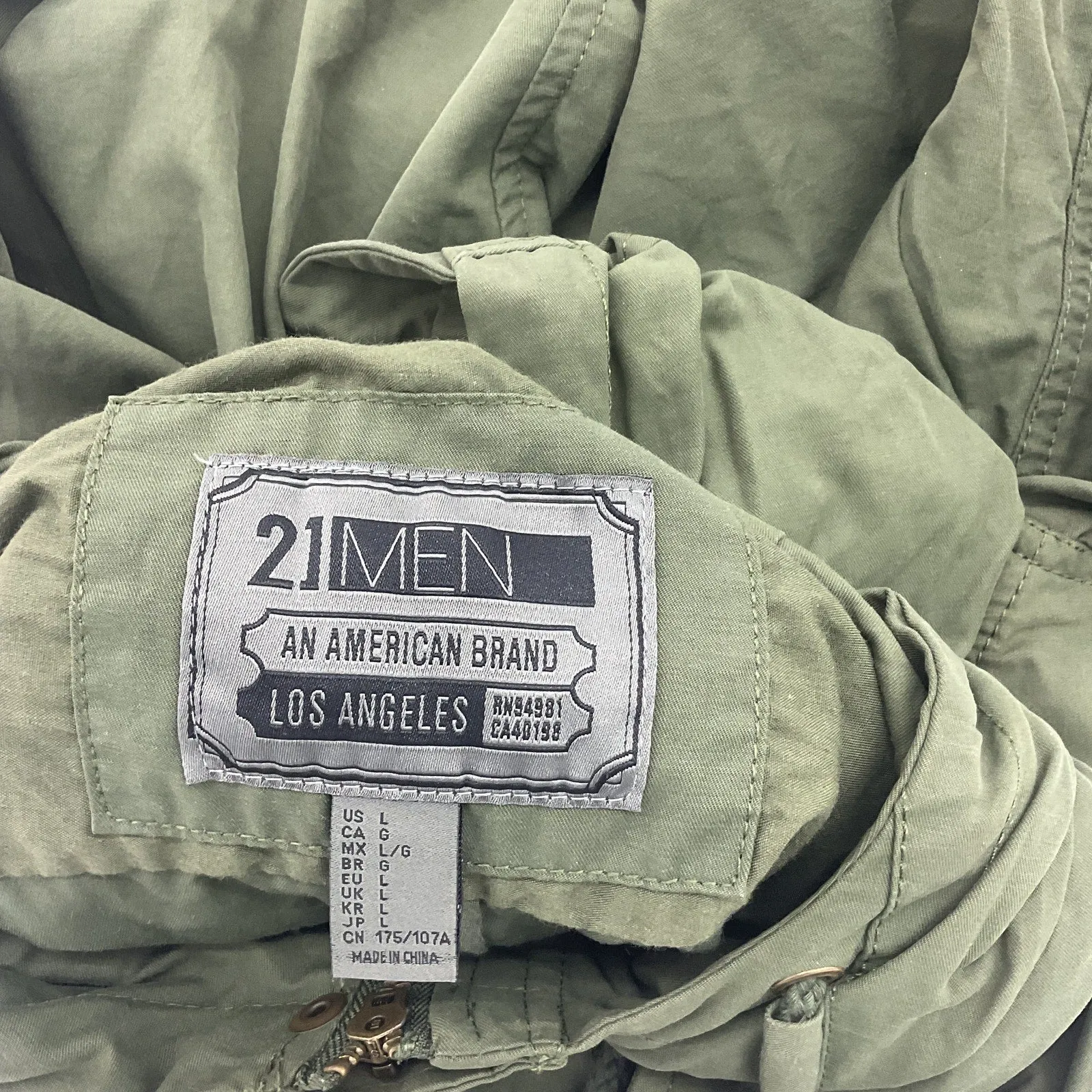 21 Men Green Waist Tie Hooded Size L Military Jacket Preowned Men's