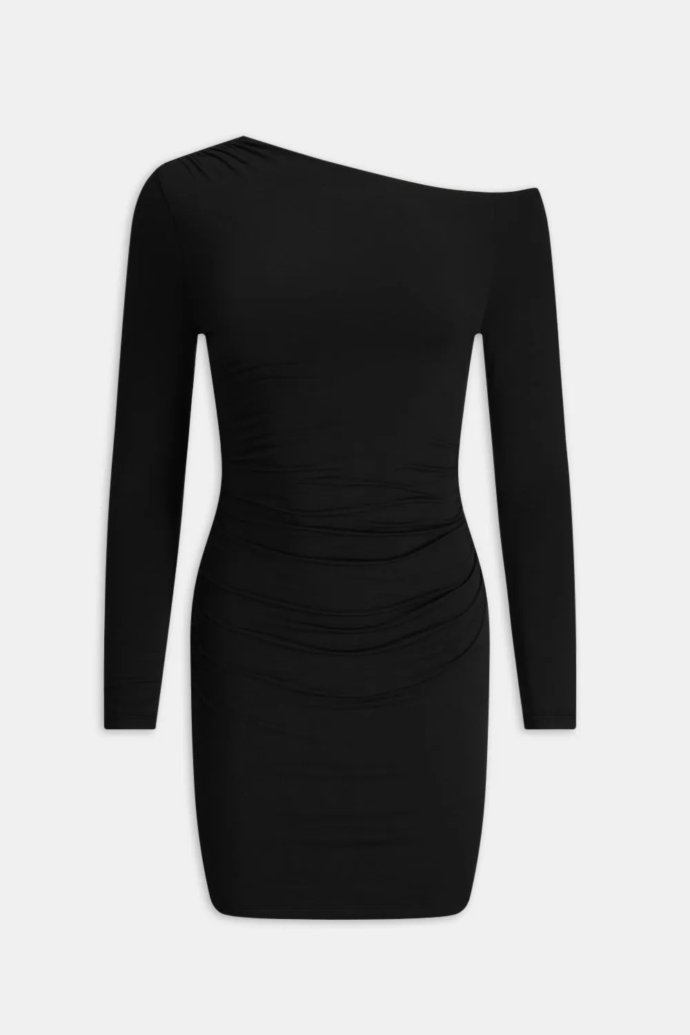 365 ASYMMETRIC RUCHED SIDE LONG SLEEVE MINI DRESS - SHADOW BLACK