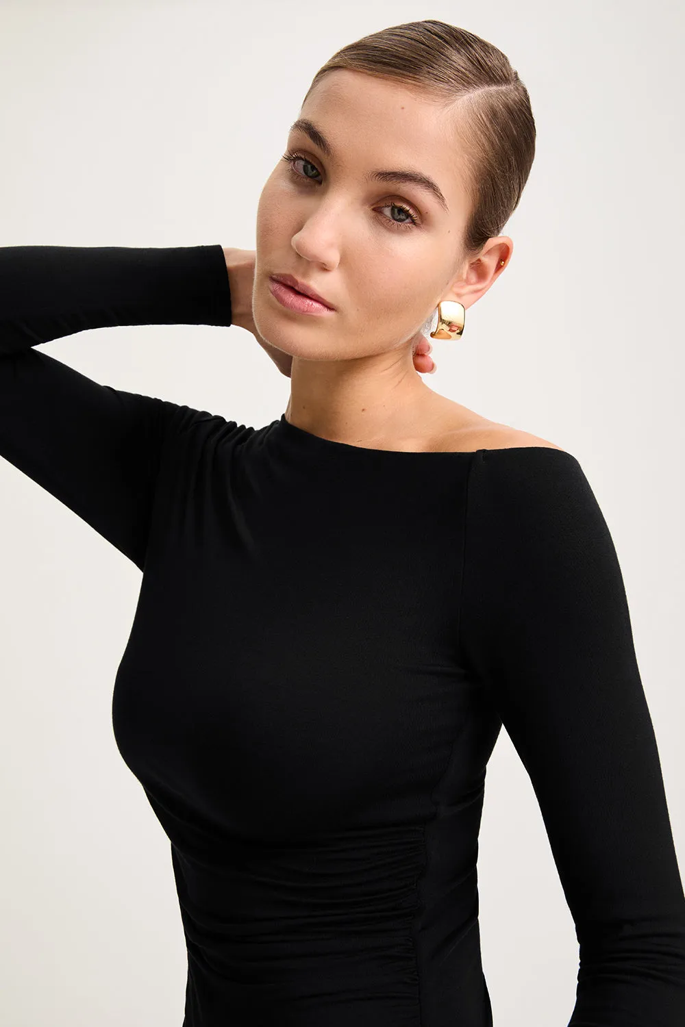 365 ASYMMETRIC RUCHED SIDE LONG SLEEVE MINI DRESS - SHADOW BLACK