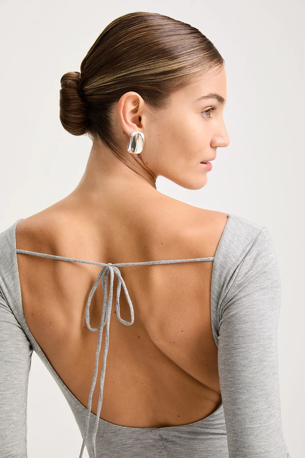 365 RUCHED SIDE OPEN BACK LONG SLEEVE TOP - GREY MARL