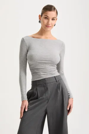 365 RUCHED SIDE OPEN BACK LONG SLEEVE TOP - GREY MARL