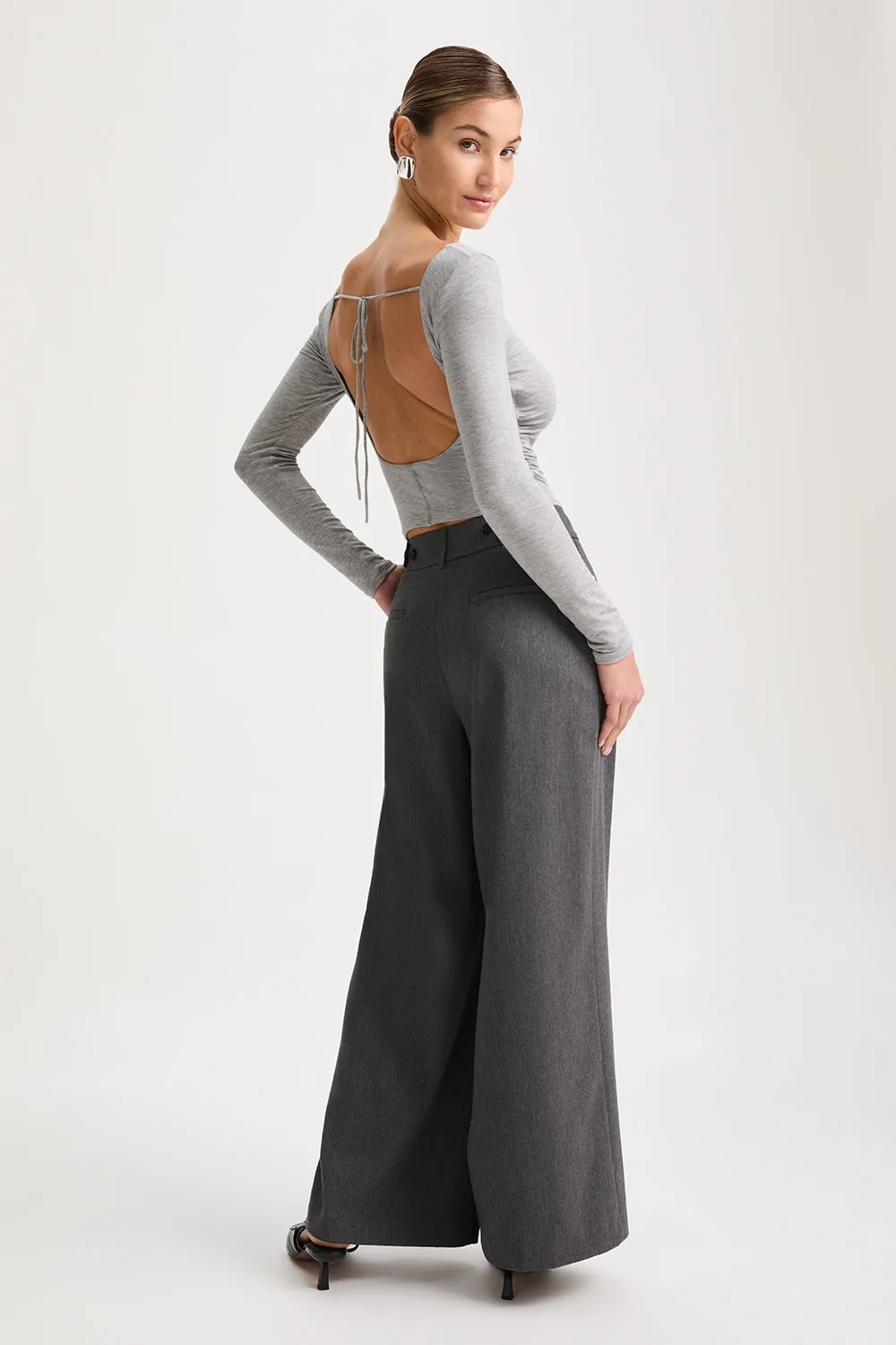 365 RUCHED SIDE OPEN BACK LONG SLEEVE TOP - GREY MARL