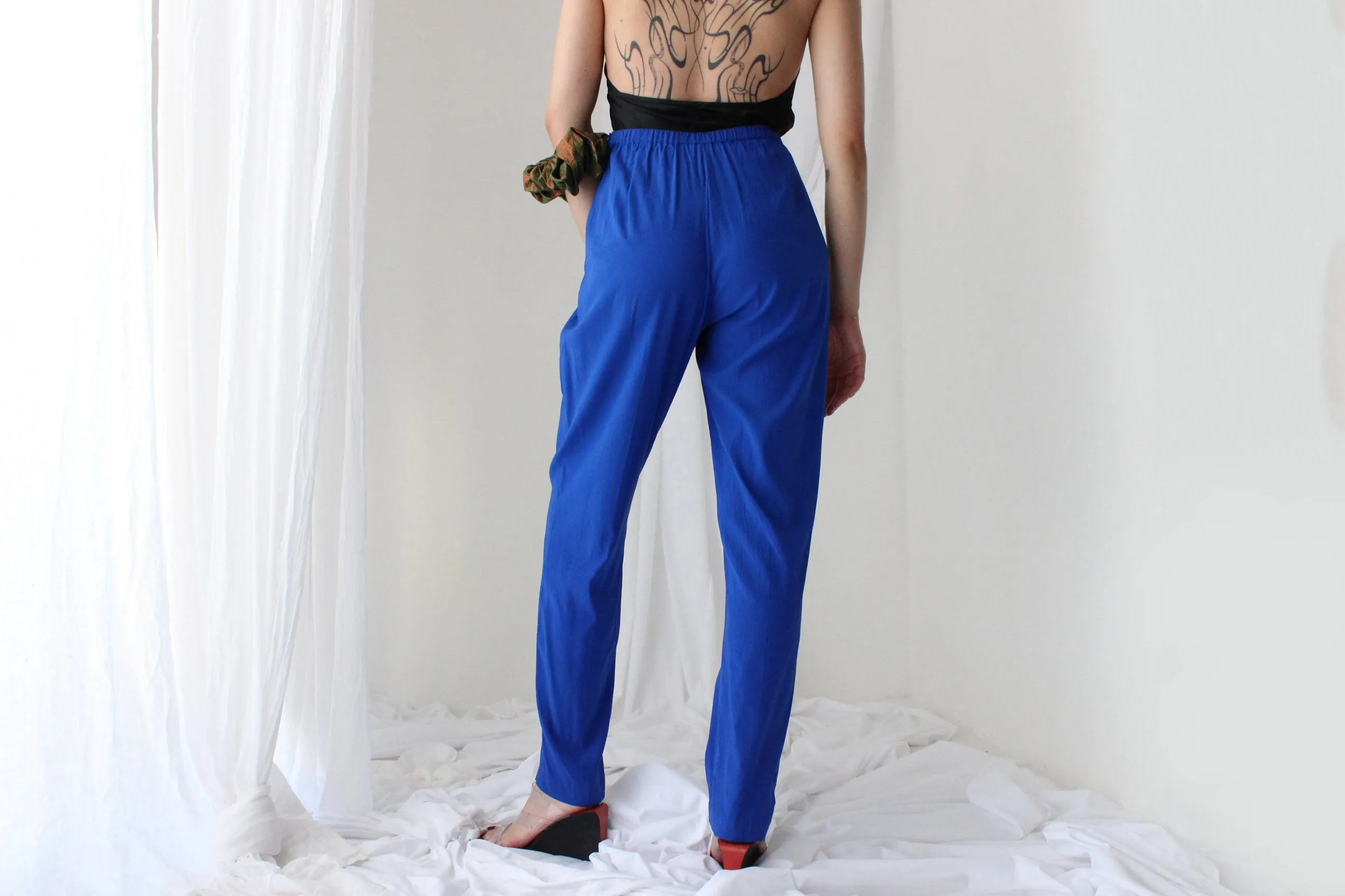 80s Pure Silk Cobalt Blue Relaxed Tapered Trousers