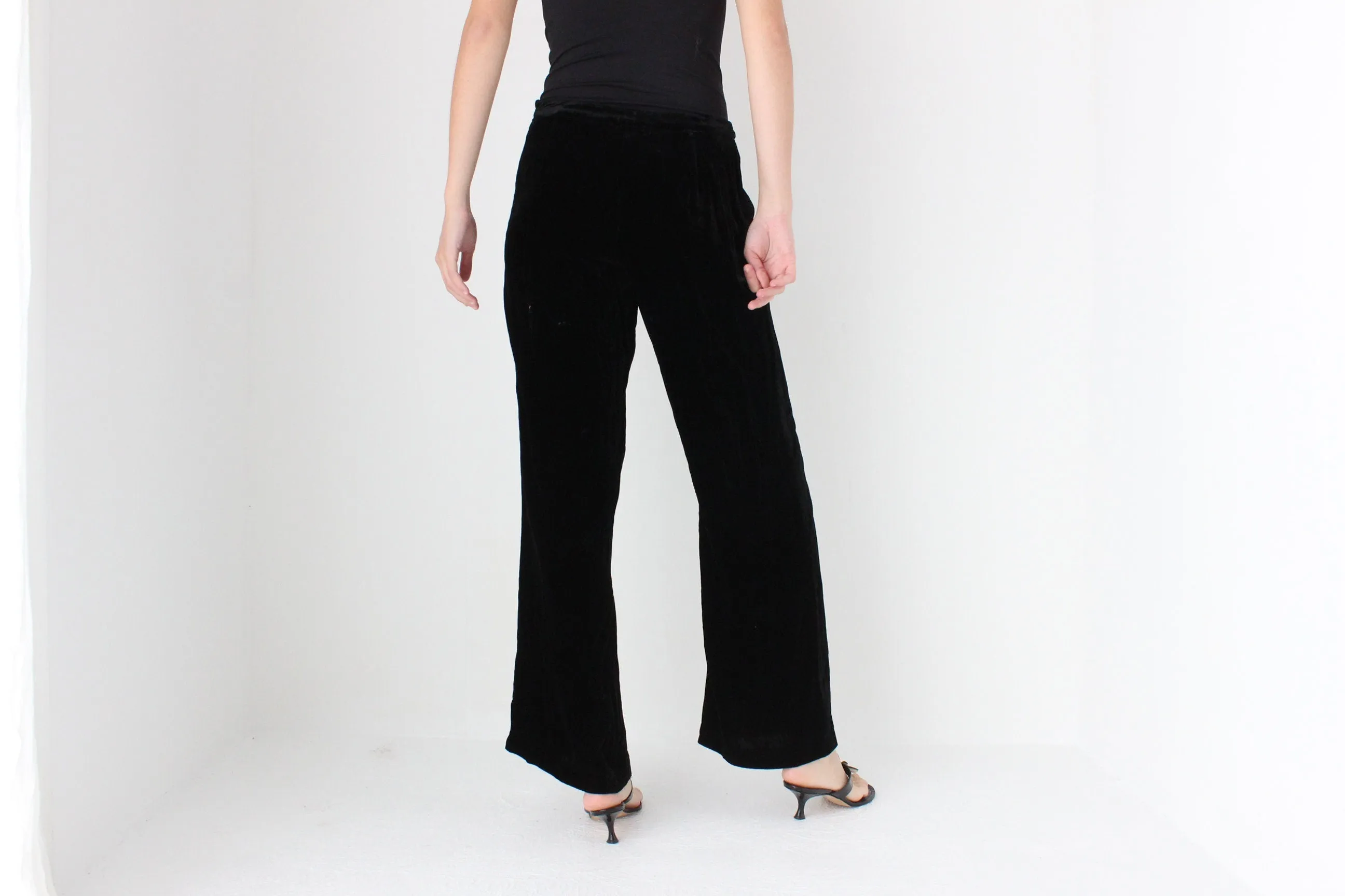 90s SILK VELVET Minimal, Relaxed Wide Leg Trousers in Black