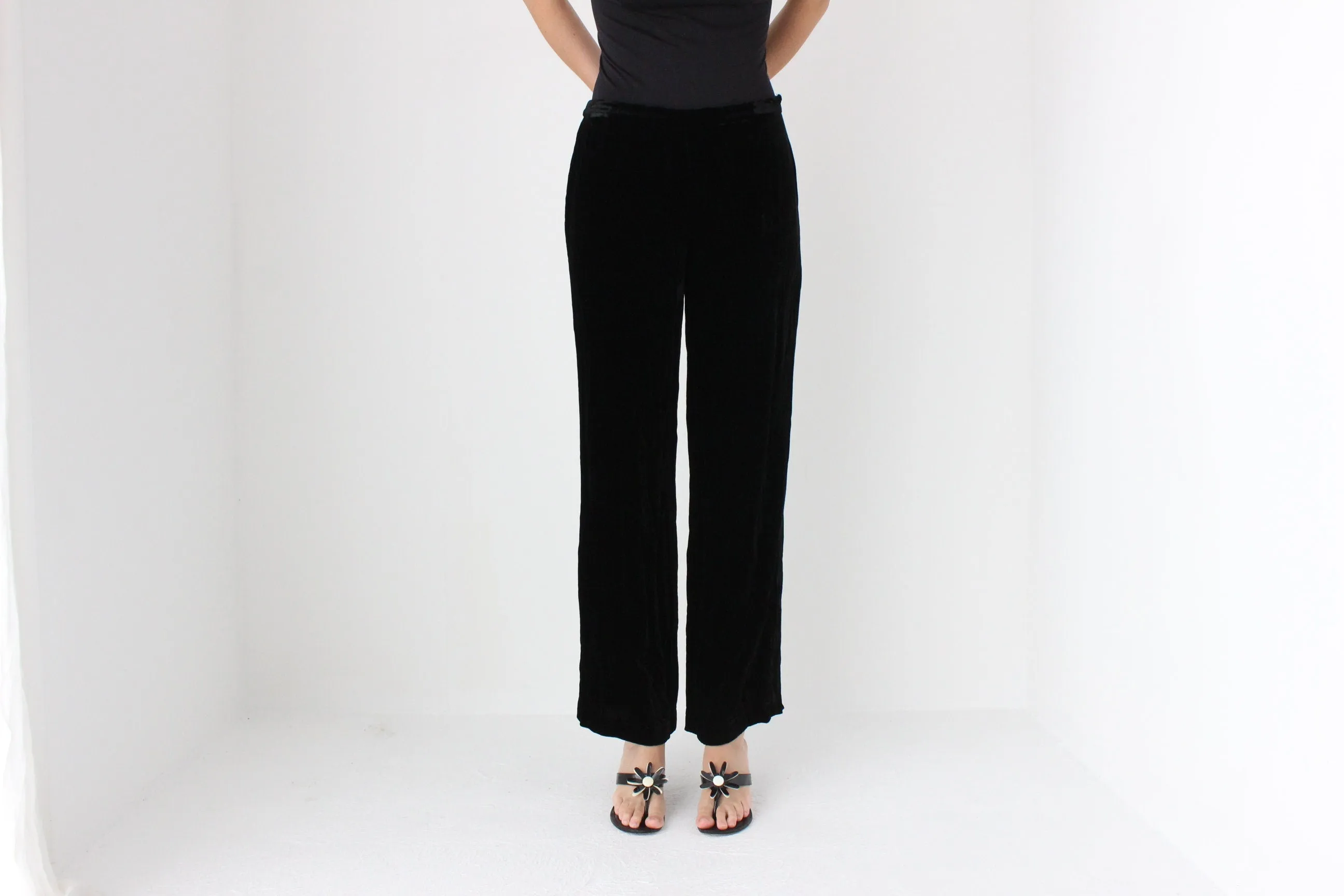 90s SILK VELVET Minimal, Relaxed Wide Leg Trousers in Black