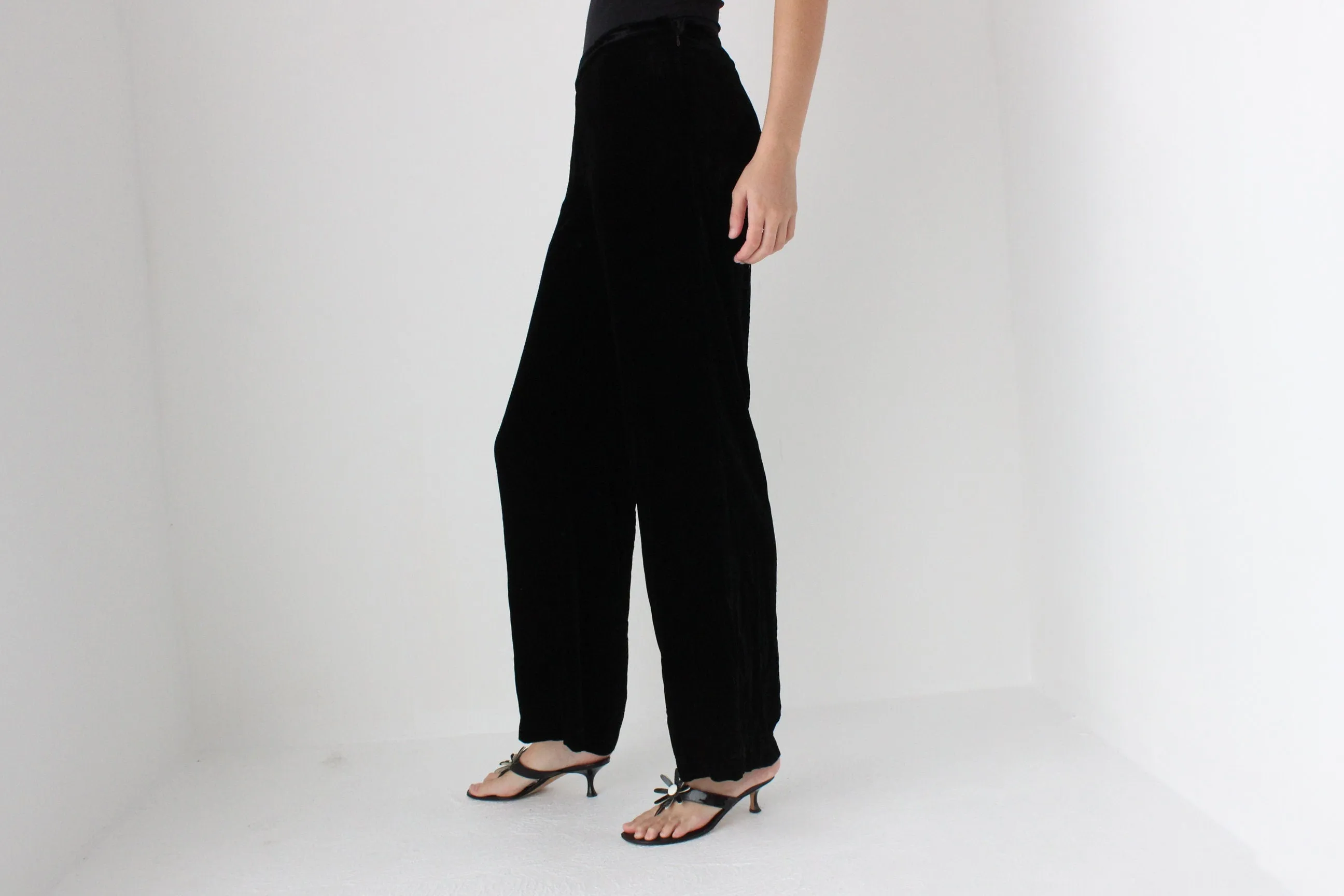 90s SILK VELVET Minimal, Relaxed Wide Leg Trousers in Black