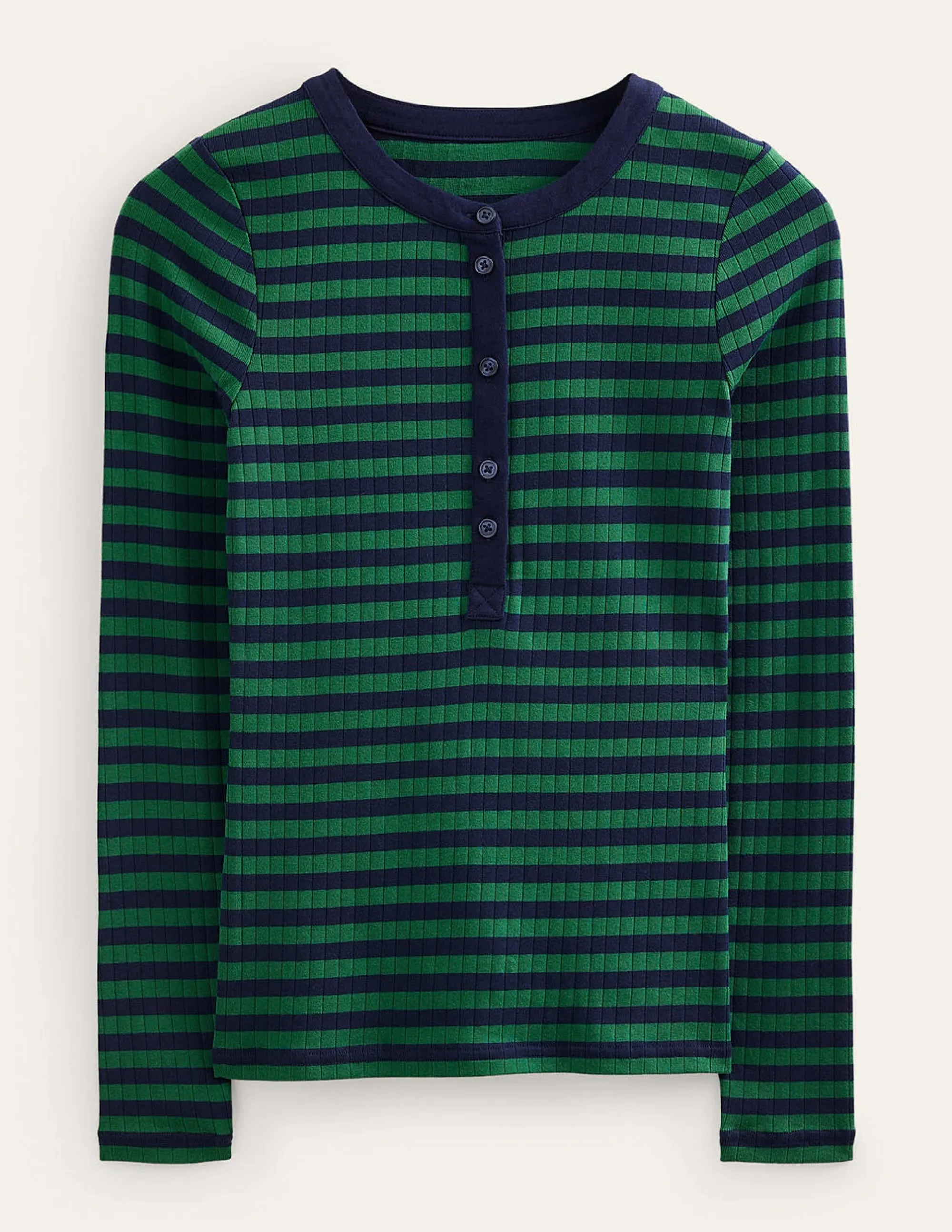 Anna Rib Henley T-Shirt-Green, Navy
