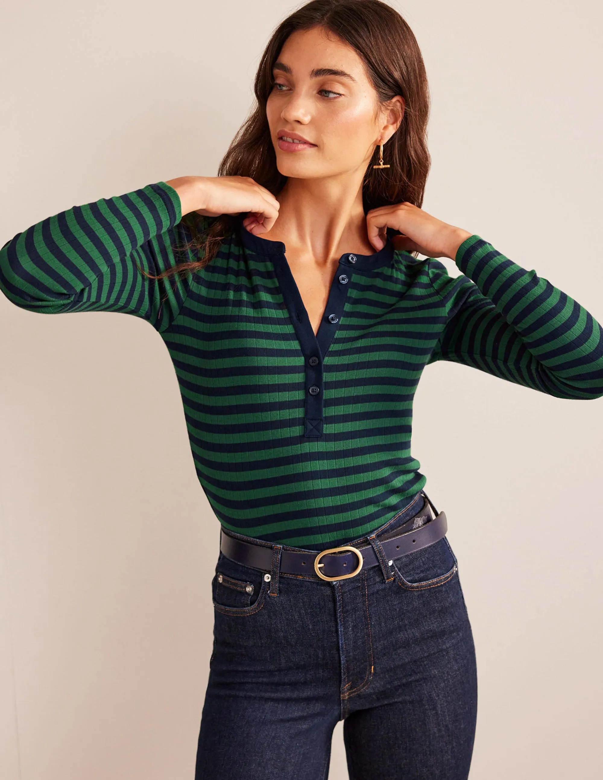 Anna Rib Henley T-Shirt-Green, Navy