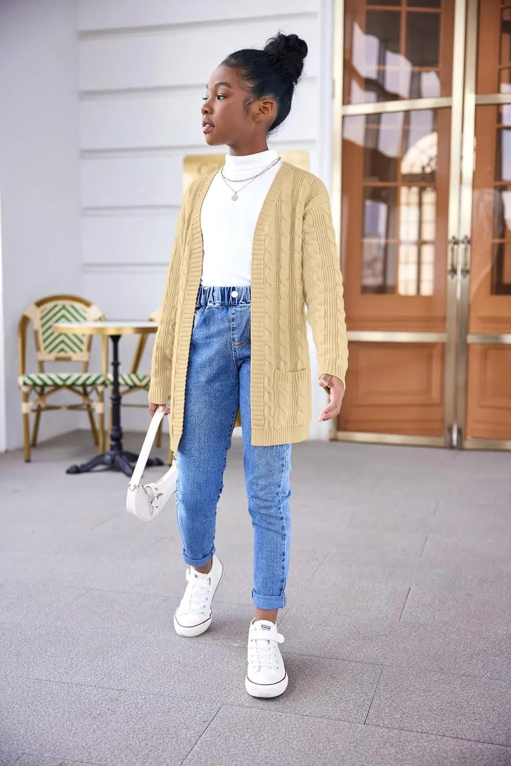 Arshiner Girls Open Front Cardigan Long Sleeve Sweater Coat with Pockets