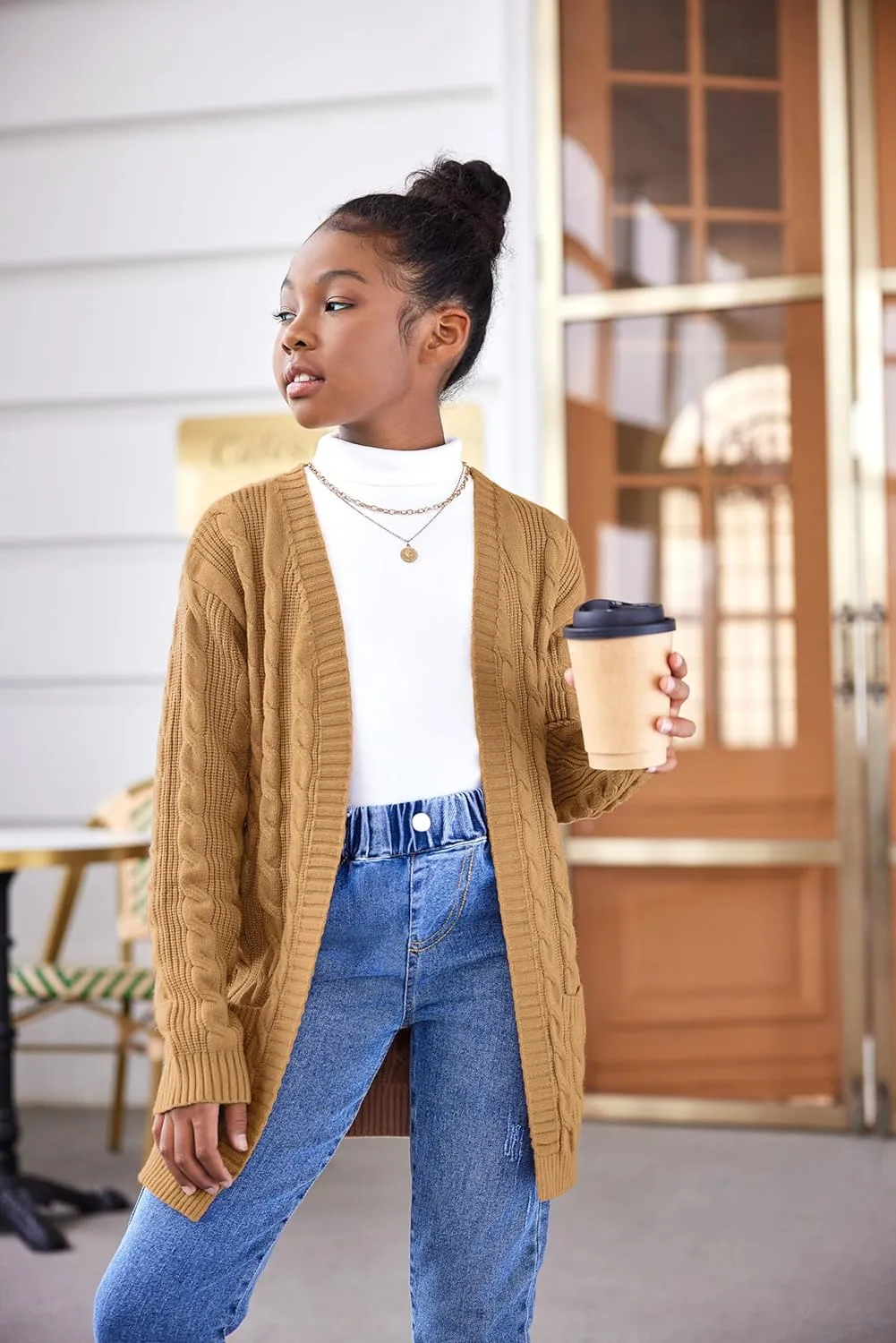 Arshiner Girls Open Front Cardigan Long Sleeve Sweater Coat with Pockets