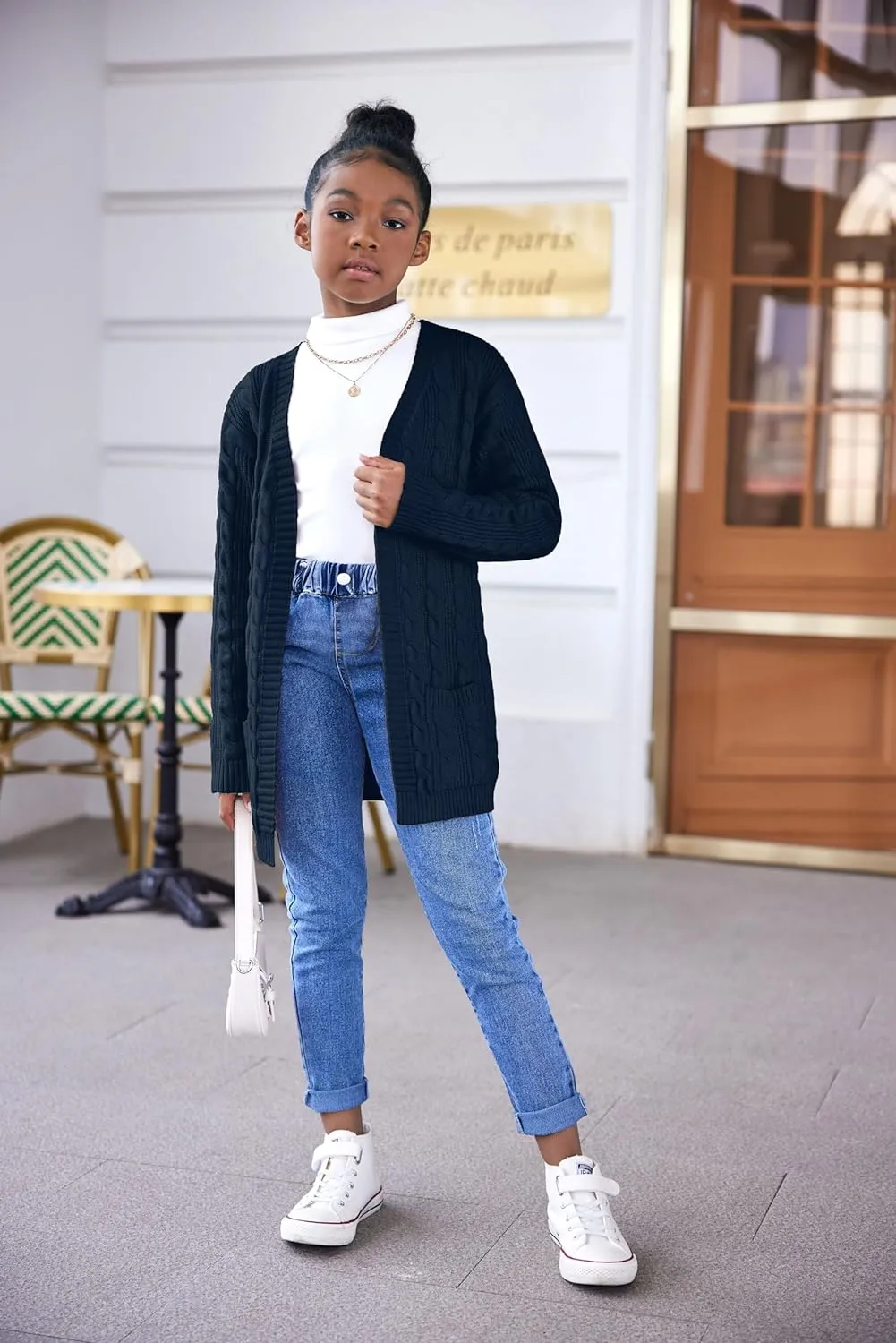 Arshiner Girls Open Front Cardigan Long Sleeve Sweater Coat with Pockets
