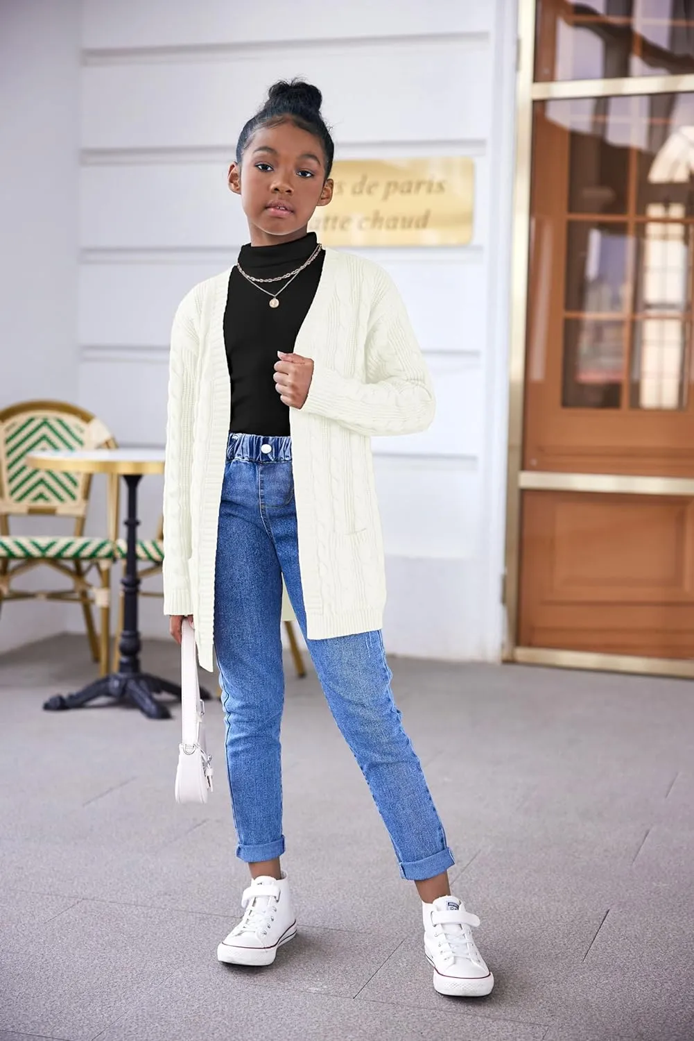 Arshiner Girls Open Front Cardigan Long Sleeve Sweater Coat with Pockets