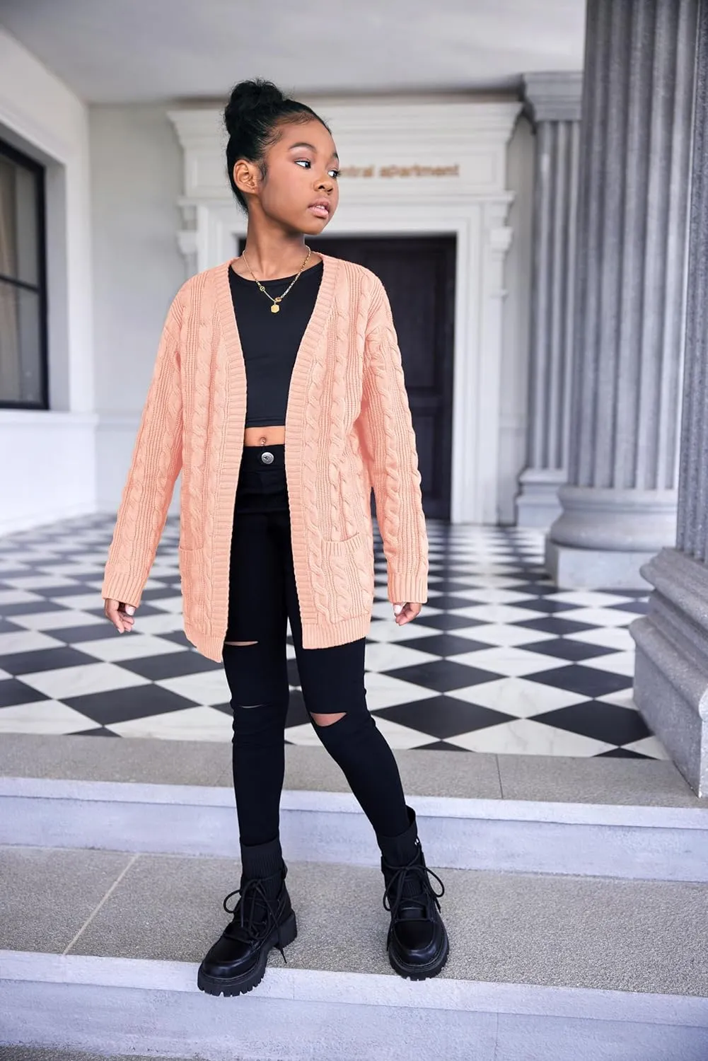 Arshiner Girls Open Front Cardigan Long Sleeve Sweater Coat with Pockets