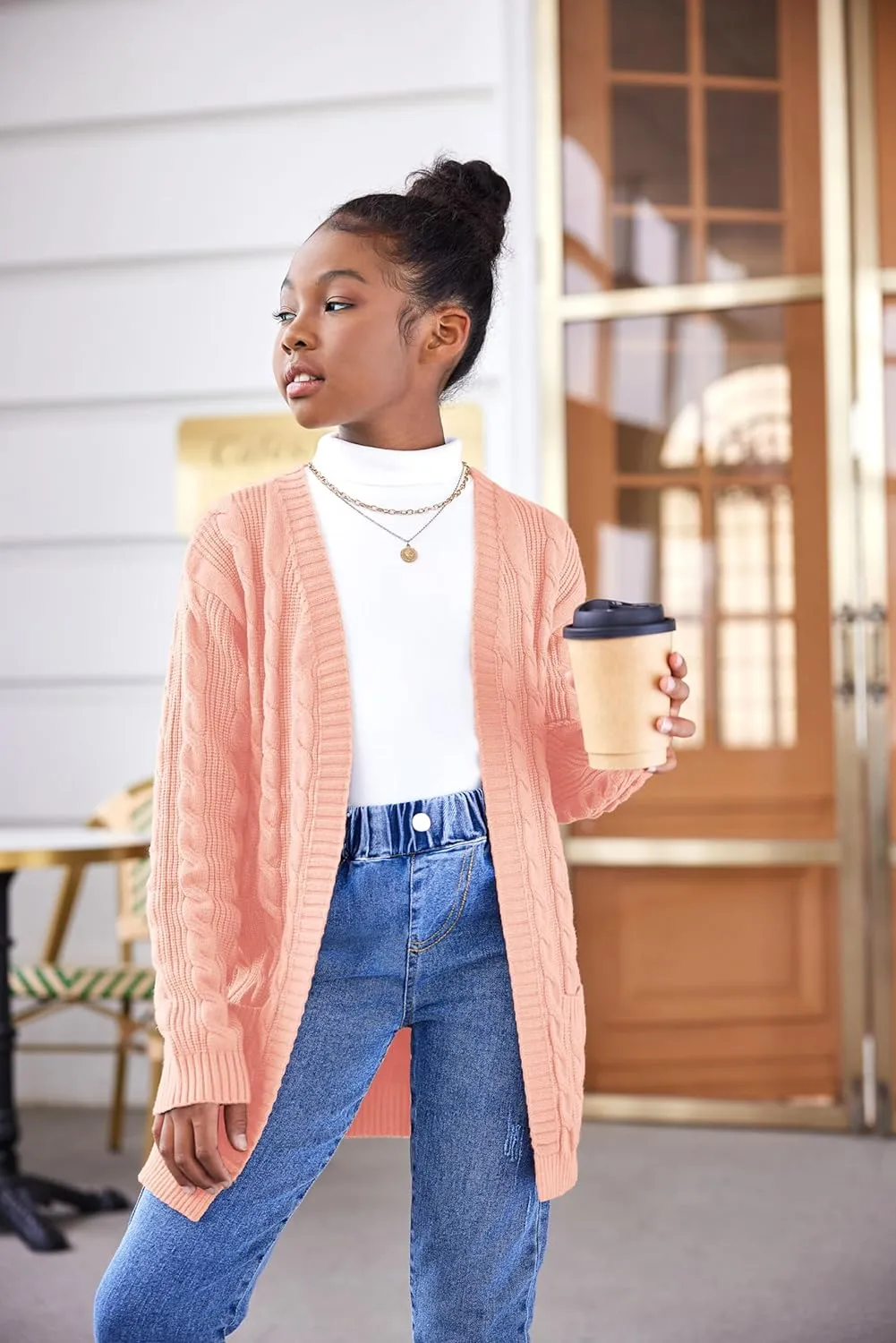 Arshiner Girls Open Front Cardigan Long Sleeve Sweater Coat with Pockets