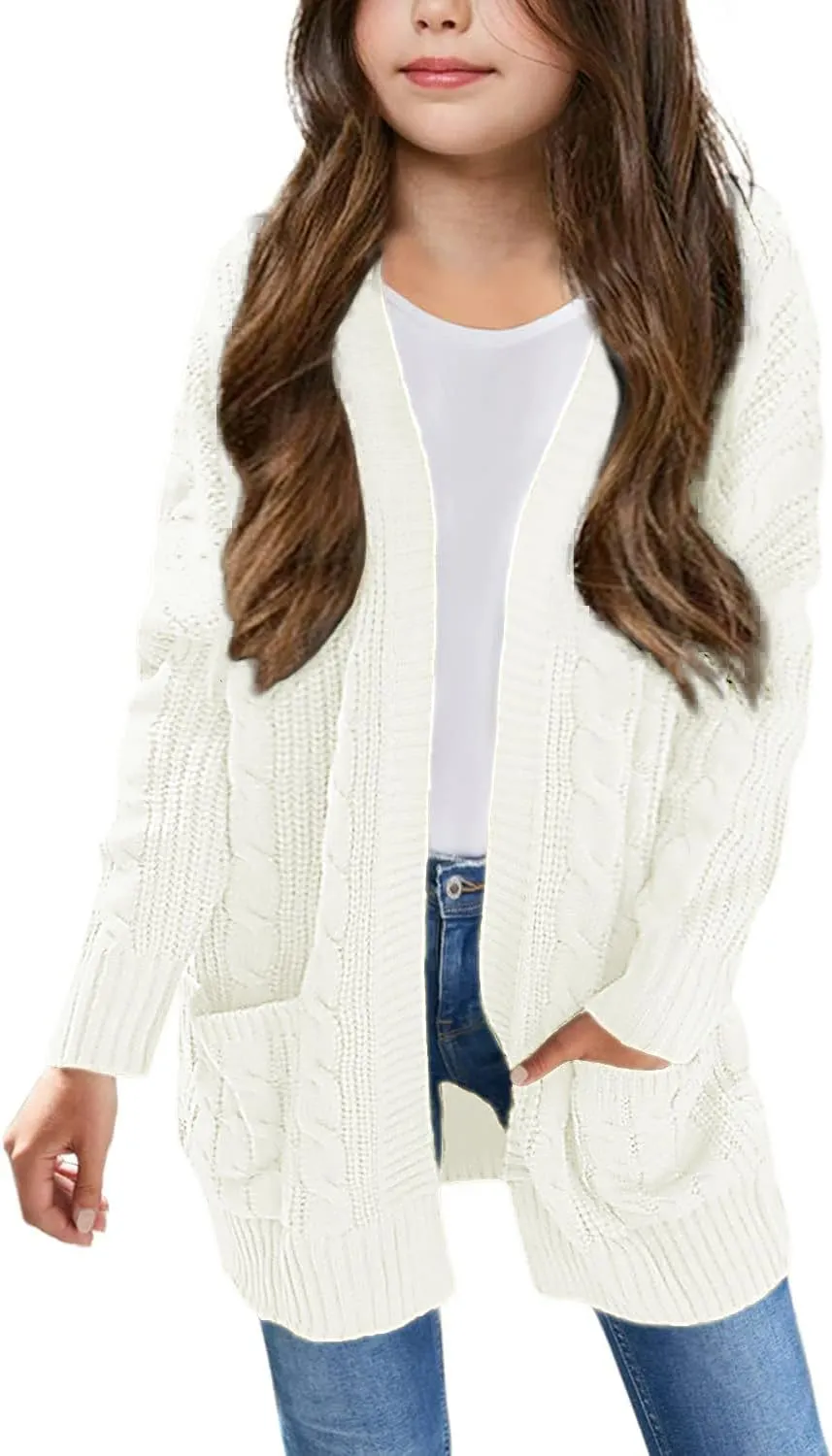 Arshiner Girls Open Front Cardigan Long Sleeve Sweater Coat with Pockets
