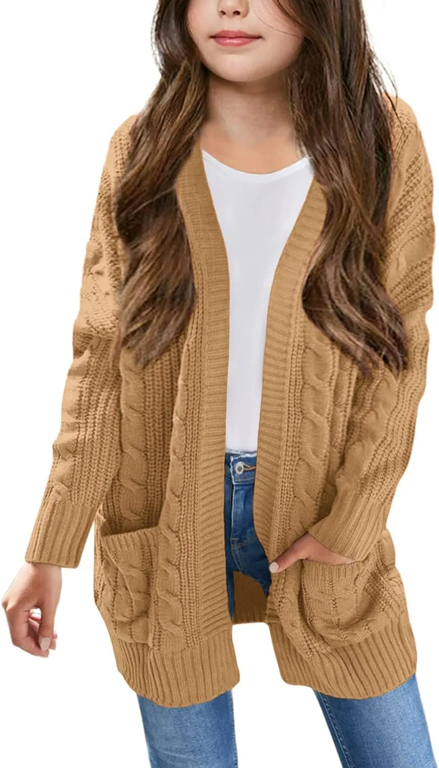 Arshiner Girls Open Front Cardigan Long Sleeve Sweater Coat with Pockets