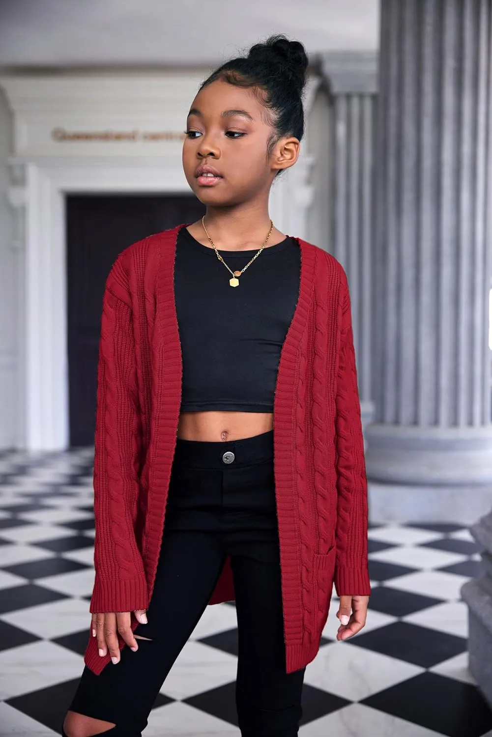 Arshiner Girls Open Front Cardigan Long Sleeve Sweater Coat with Pockets