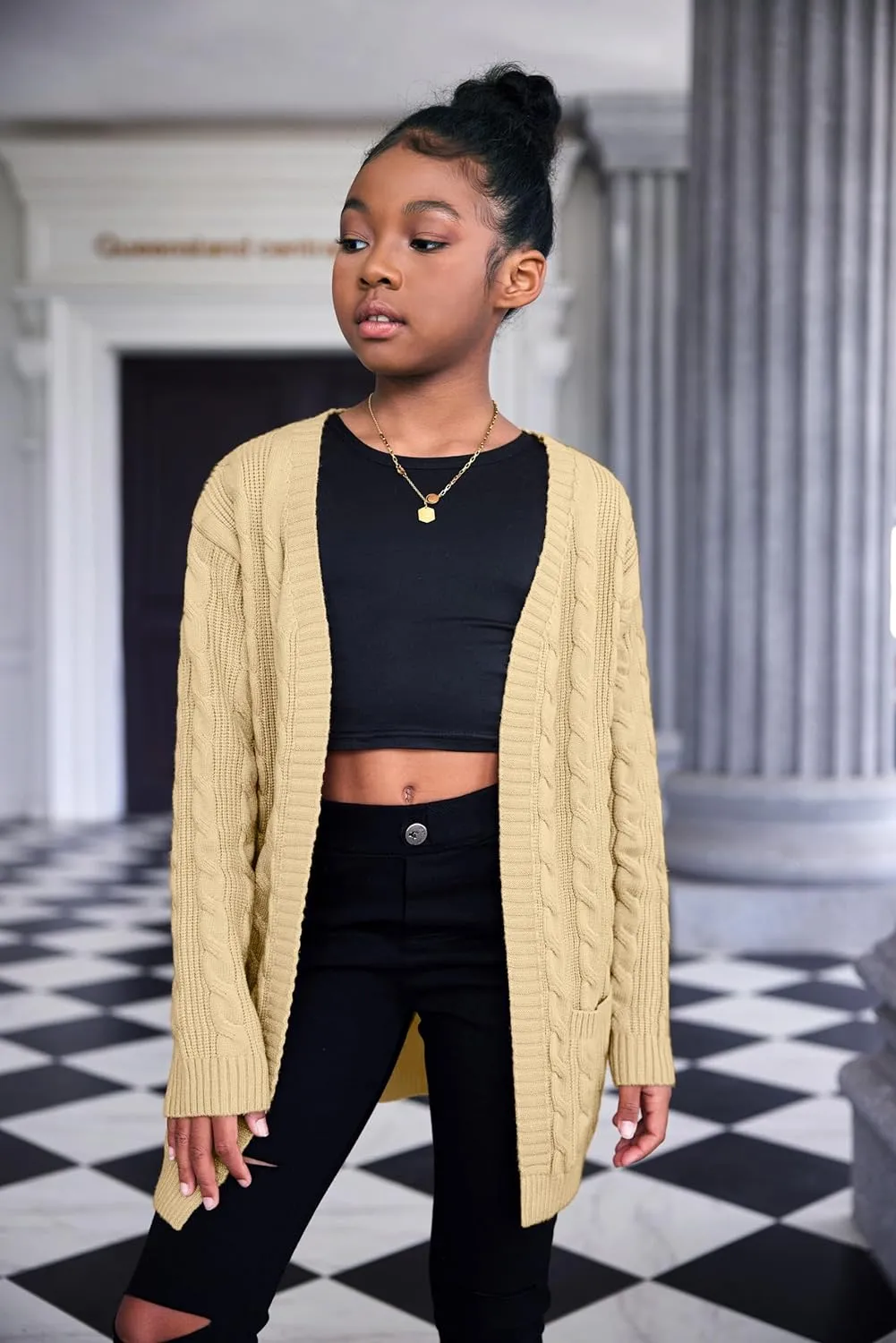 Arshiner Girls Open Front Cardigan Long Sleeve Sweater Coat with Pockets