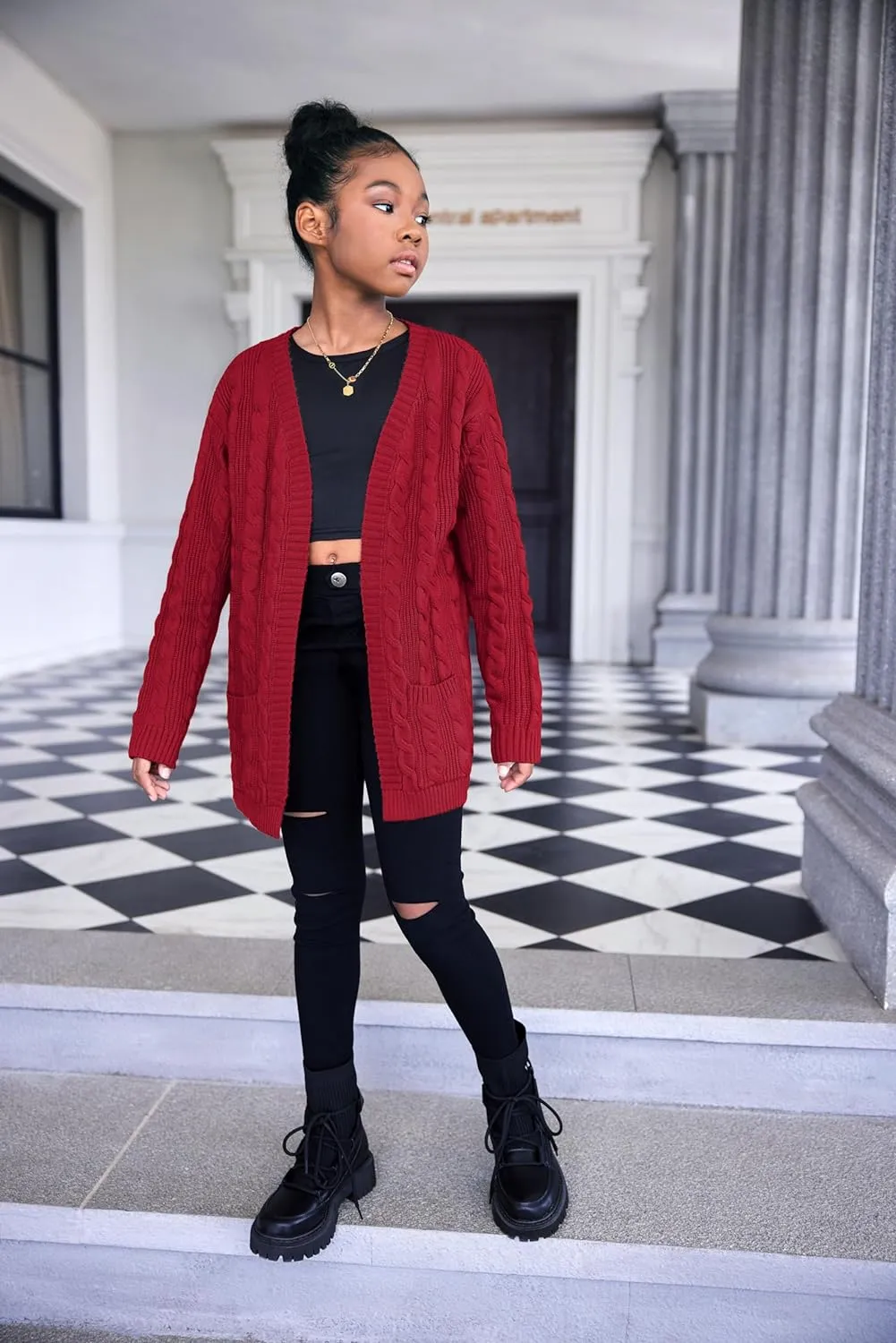 Arshiner Girls Open Front Cardigan Long Sleeve Sweater Coat with Pockets