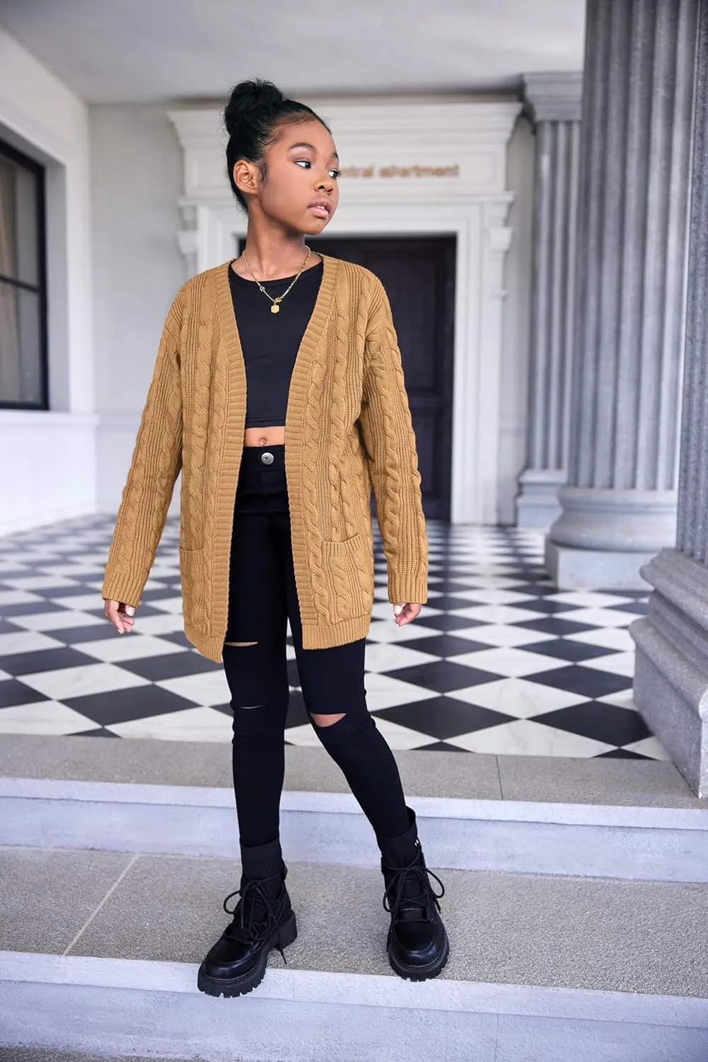 Arshiner Girls Open Front Cardigan Long Sleeve Sweater Coat with Pockets