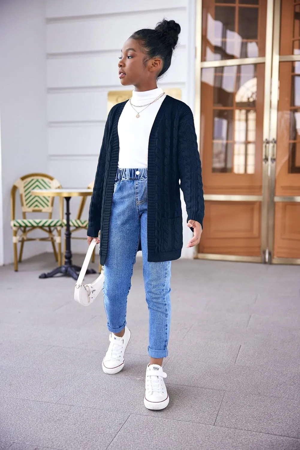 Arshiner Girls Open Front Cardigan Long Sleeve Sweater Coat with Pockets