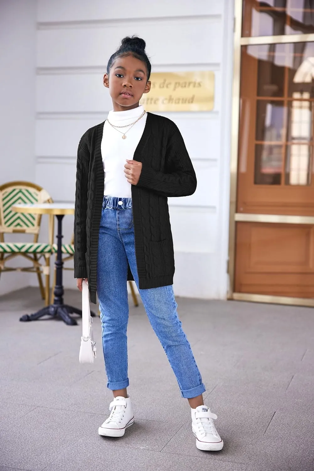 Arshiner Girls Open Front Cardigan Long Sleeve Sweater Coat with Pockets