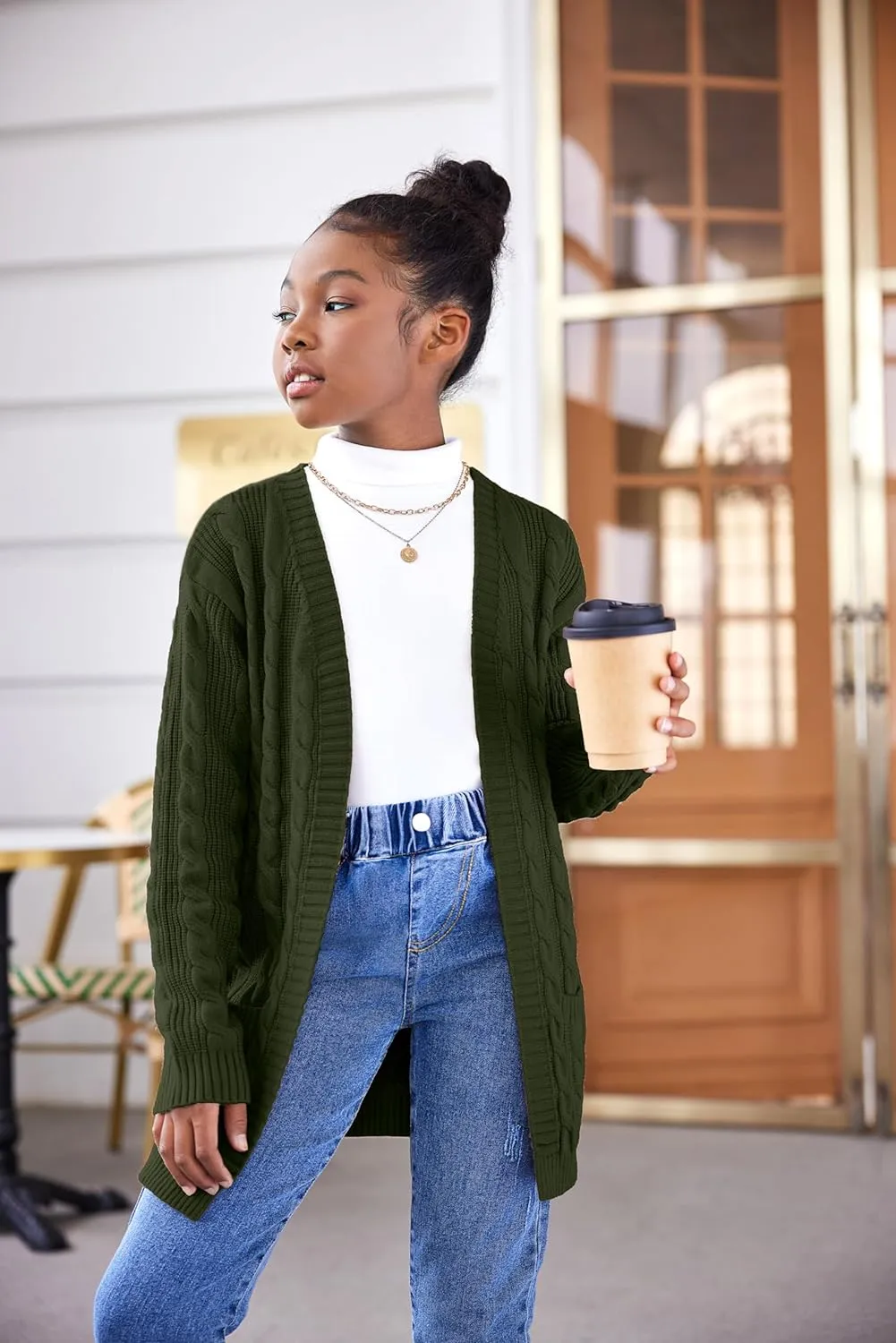 Arshiner Girls Open Front Cardigan Long Sleeve Sweater Coat with Pockets