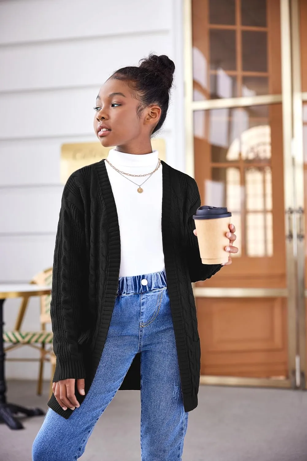 Arshiner Girls Open Front Cardigan Long Sleeve Sweater Coat with Pockets