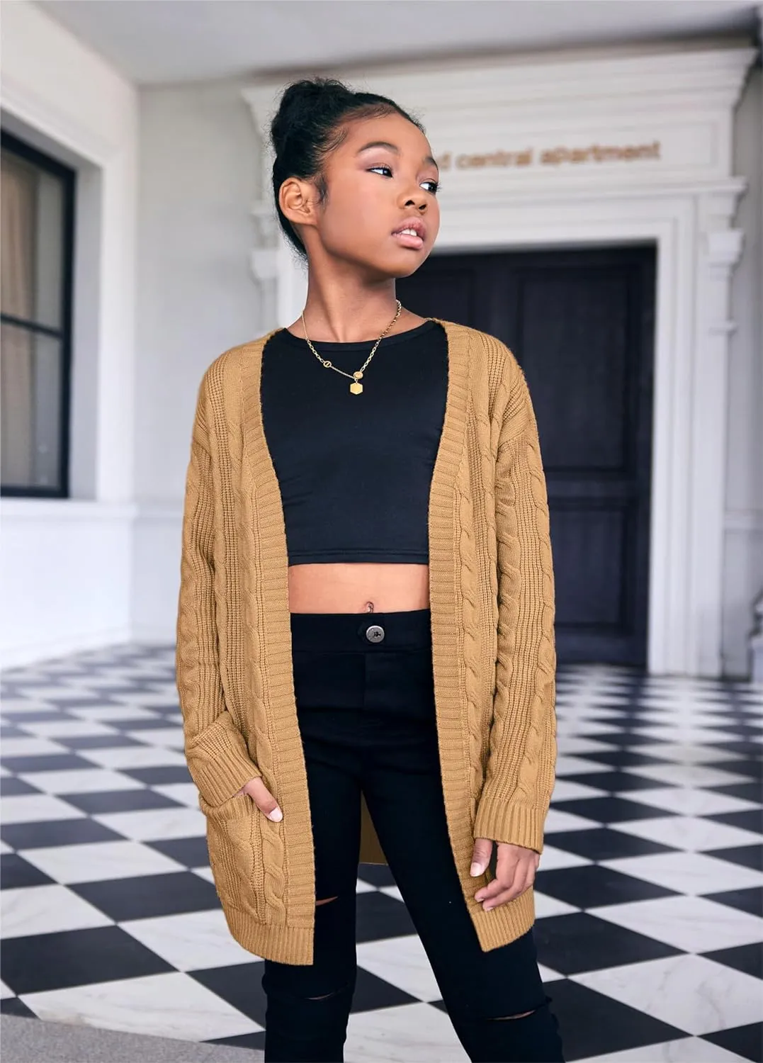 Arshiner Girls Open Front Cardigan Long Sleeve Sweater Coat with Pockets
