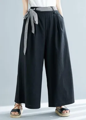 black cotton blended wide leg pants tie waist casual trousers