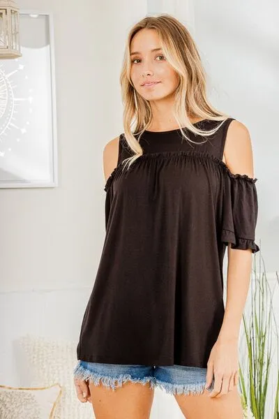 Black Frill Round Neck Cold Shoulder T-Shirt