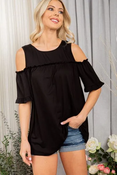 Black Frill Round Neck Cold Shoulder T-Shirt