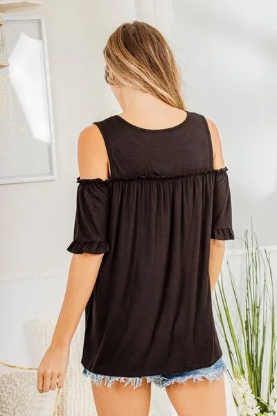 Black Frill Round Neck Cold Shoulder T-Shirt