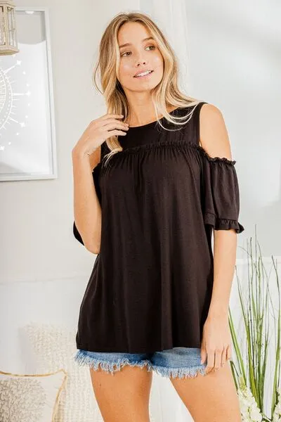 Black Frill Round Neck Cold Shoulder T-Shirt