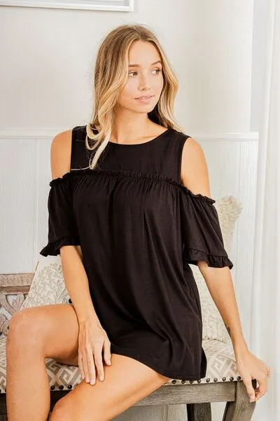 Black Frill Round Neck Cold Shoulder T-Shirt