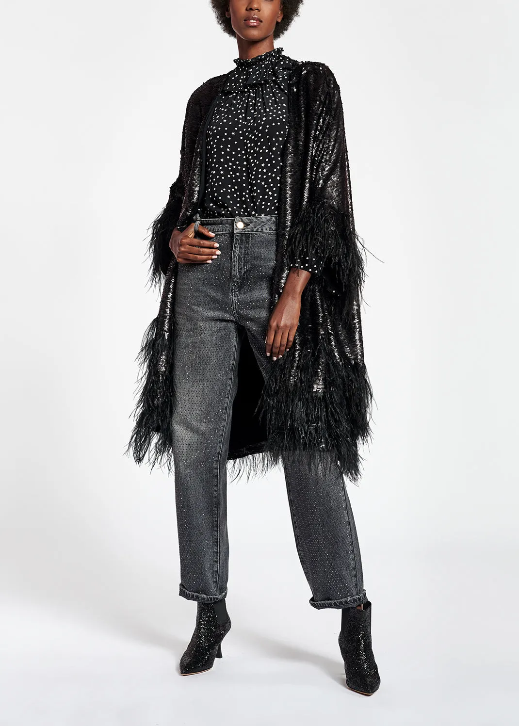 Black sequin and feather-embroidered kimono
