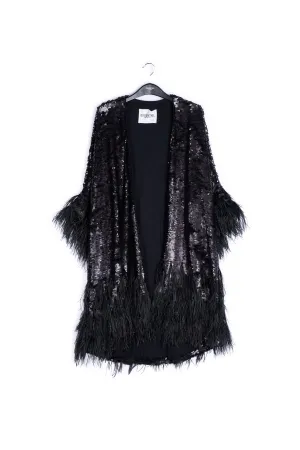 Black sequin and feather-embroidered kimono
