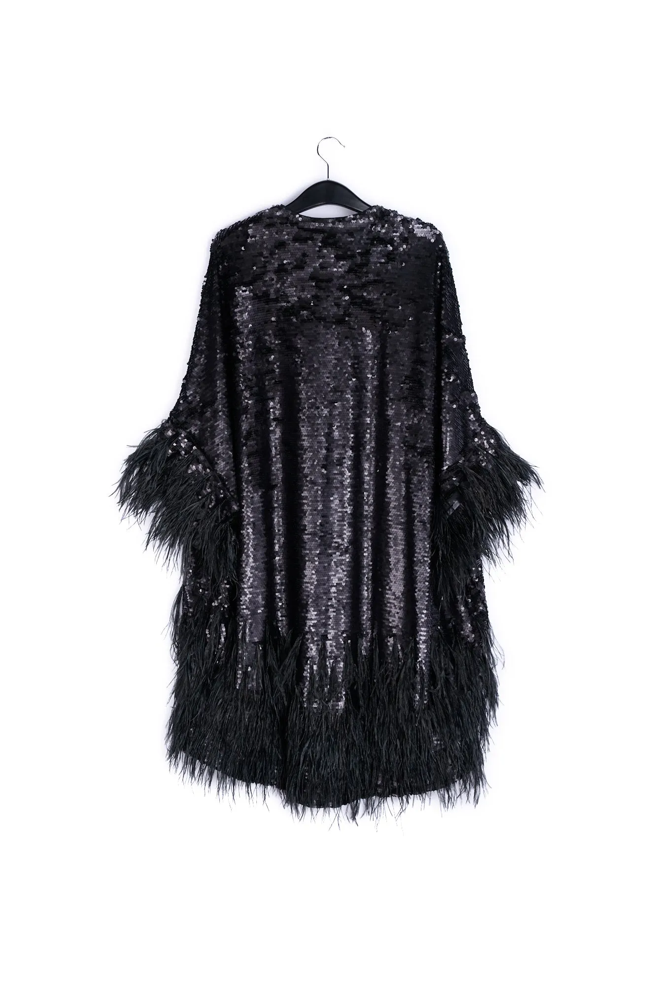 Black sequin and feather-embroidered kimono
