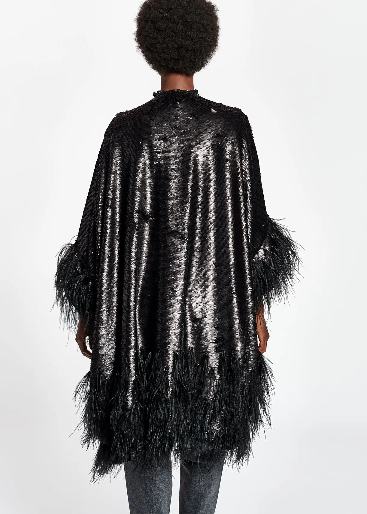 Black sequin and feather-embroidered kimono