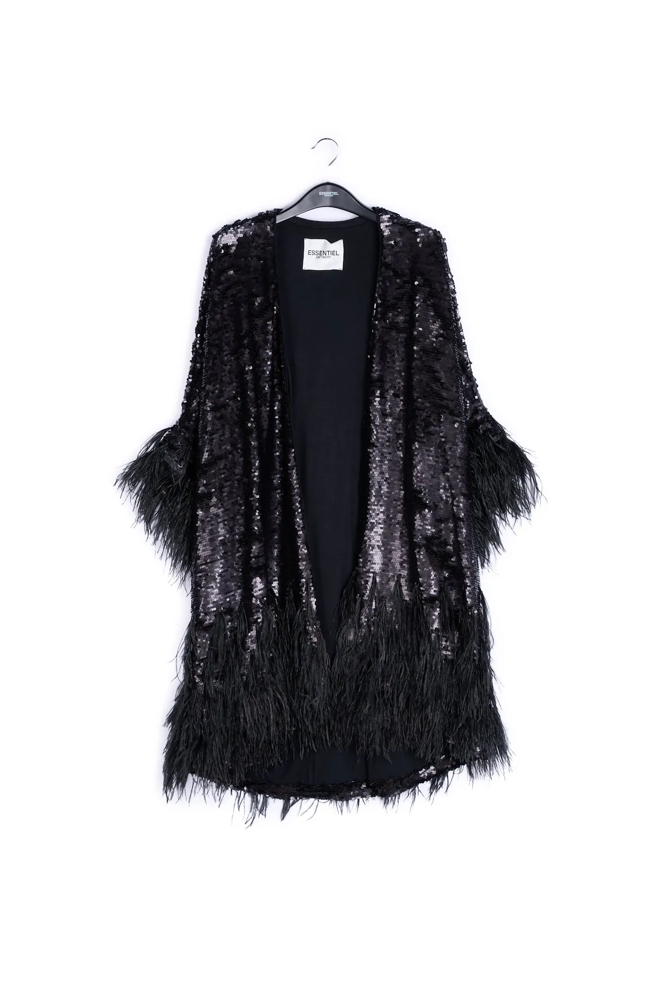 Black sequin and feather-embroidered kimono
