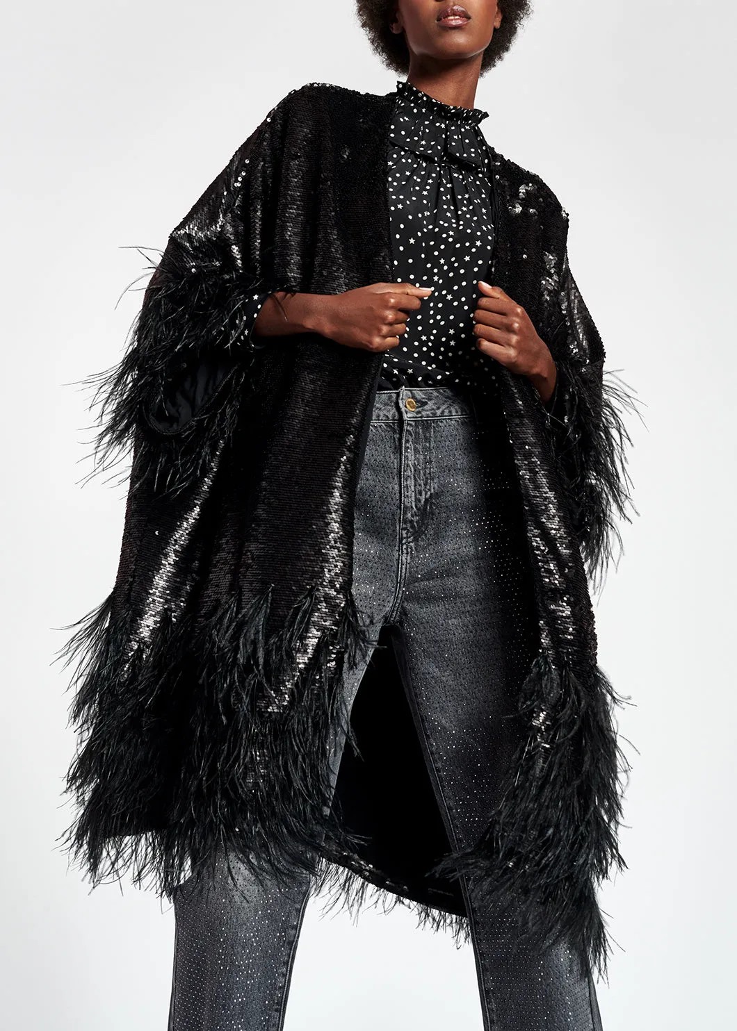 Black sequin and feather-embroidered kimono