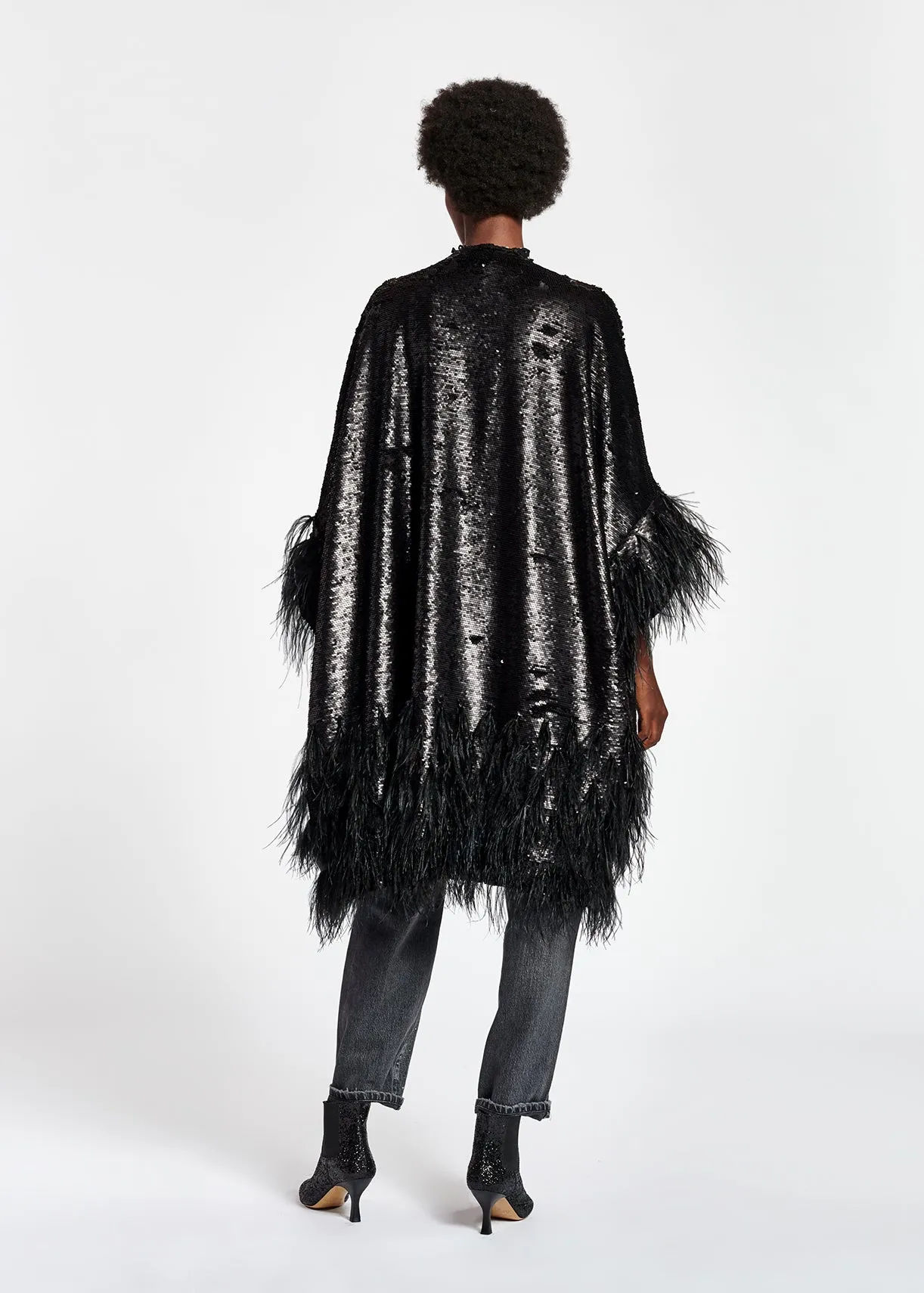 Black sequin and feather-embroidered kimono