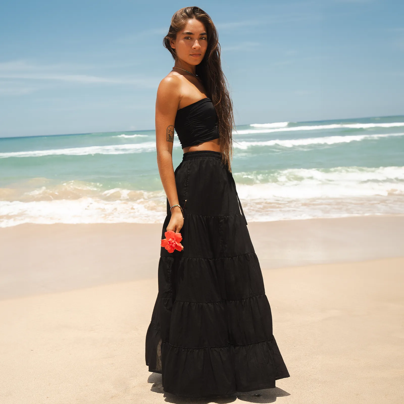 Black Shipwrecked Maxi Skirt with Bead