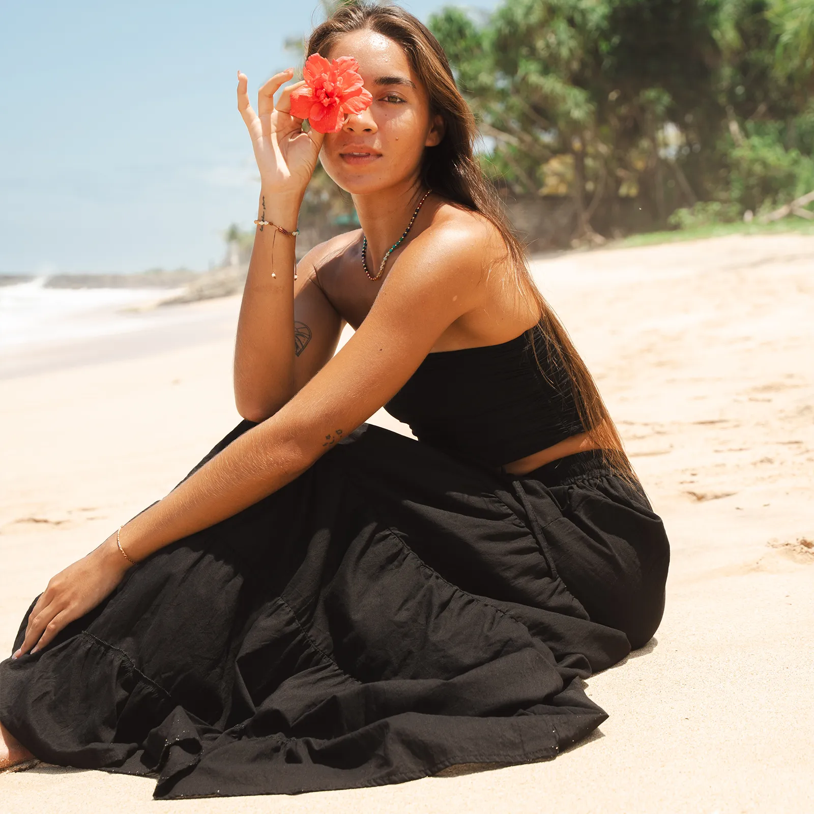 Black Shipwrecked Maxi Skirt with Bead