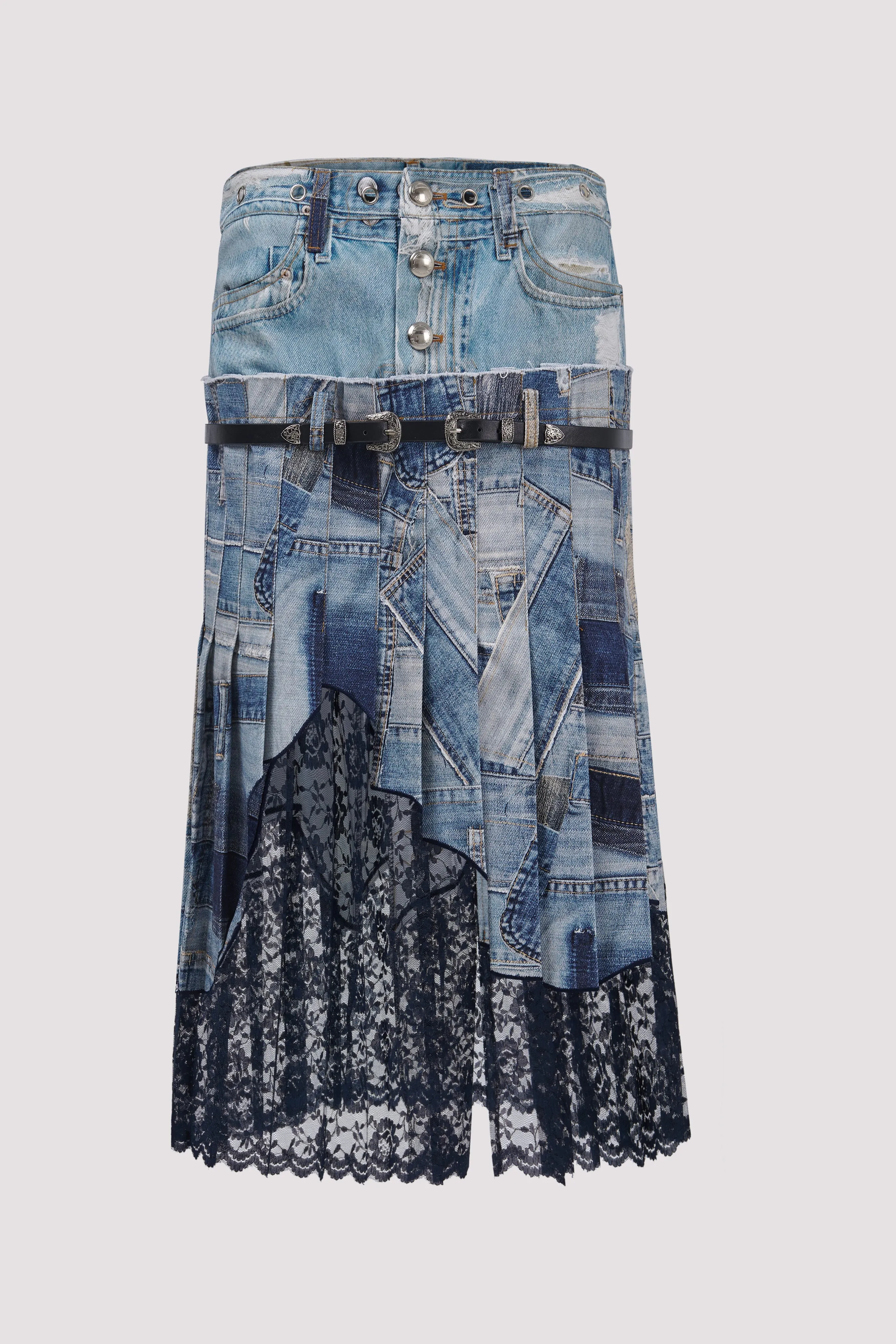 Blue Denim Print Midi Skirt