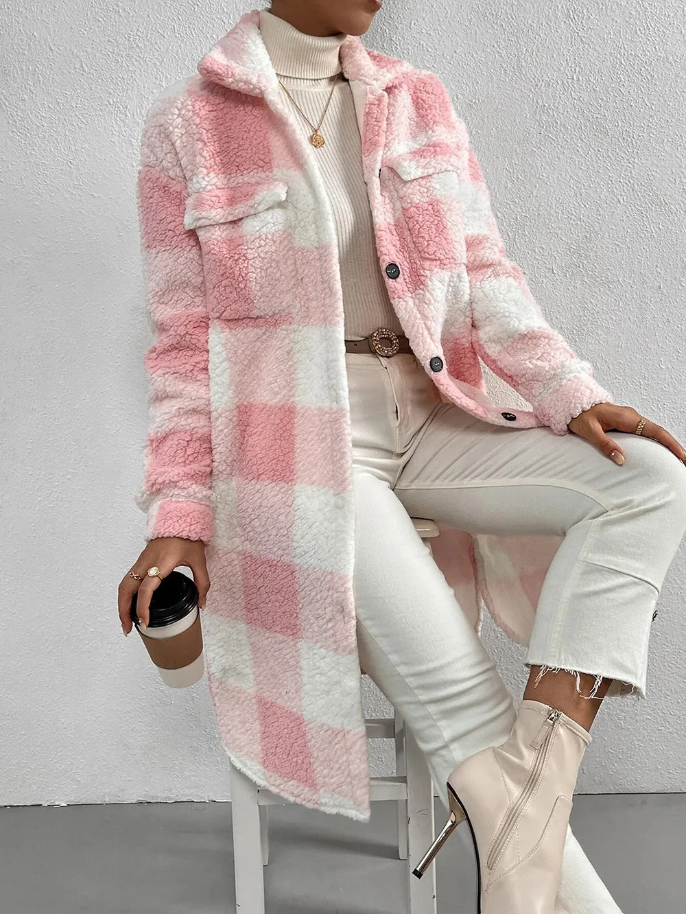 Button Lapel Plush Plaid Coat Loose- GlamzLife
