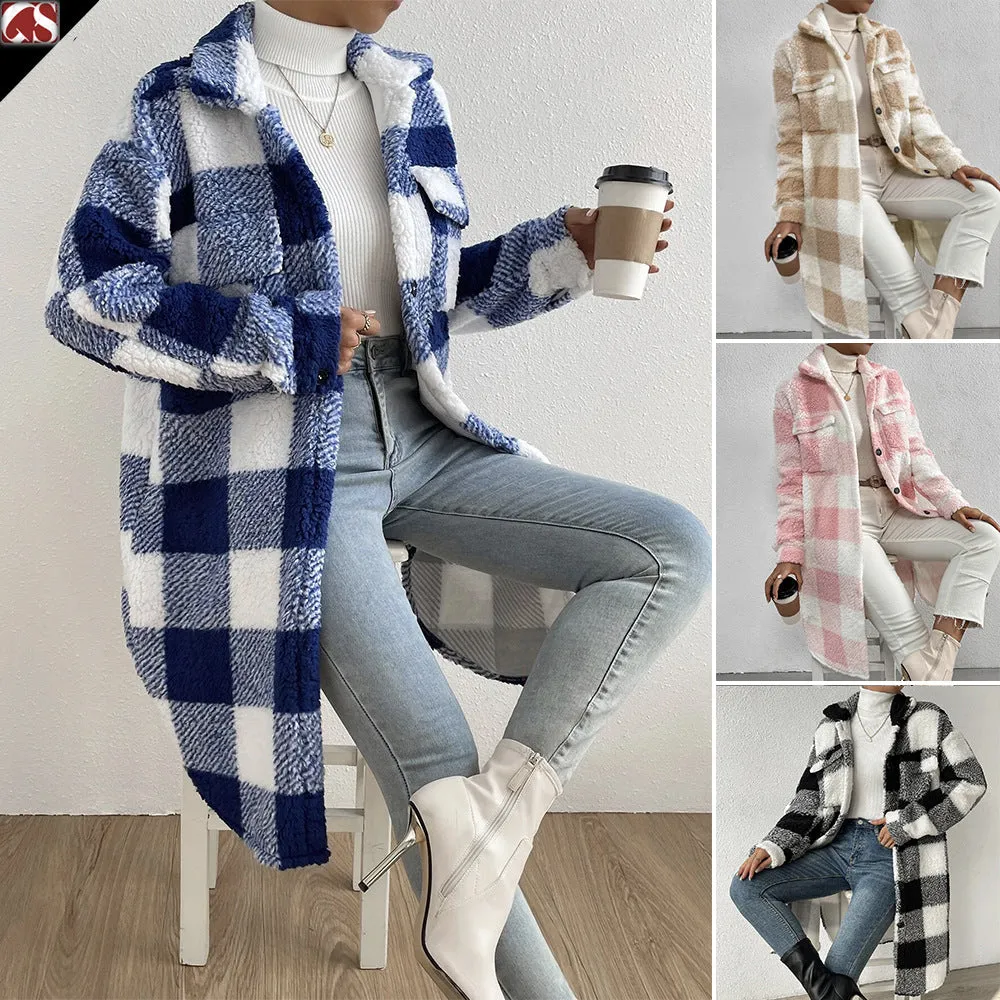 Button Lapel Plush Plaid Coat Loose- GlamzLife