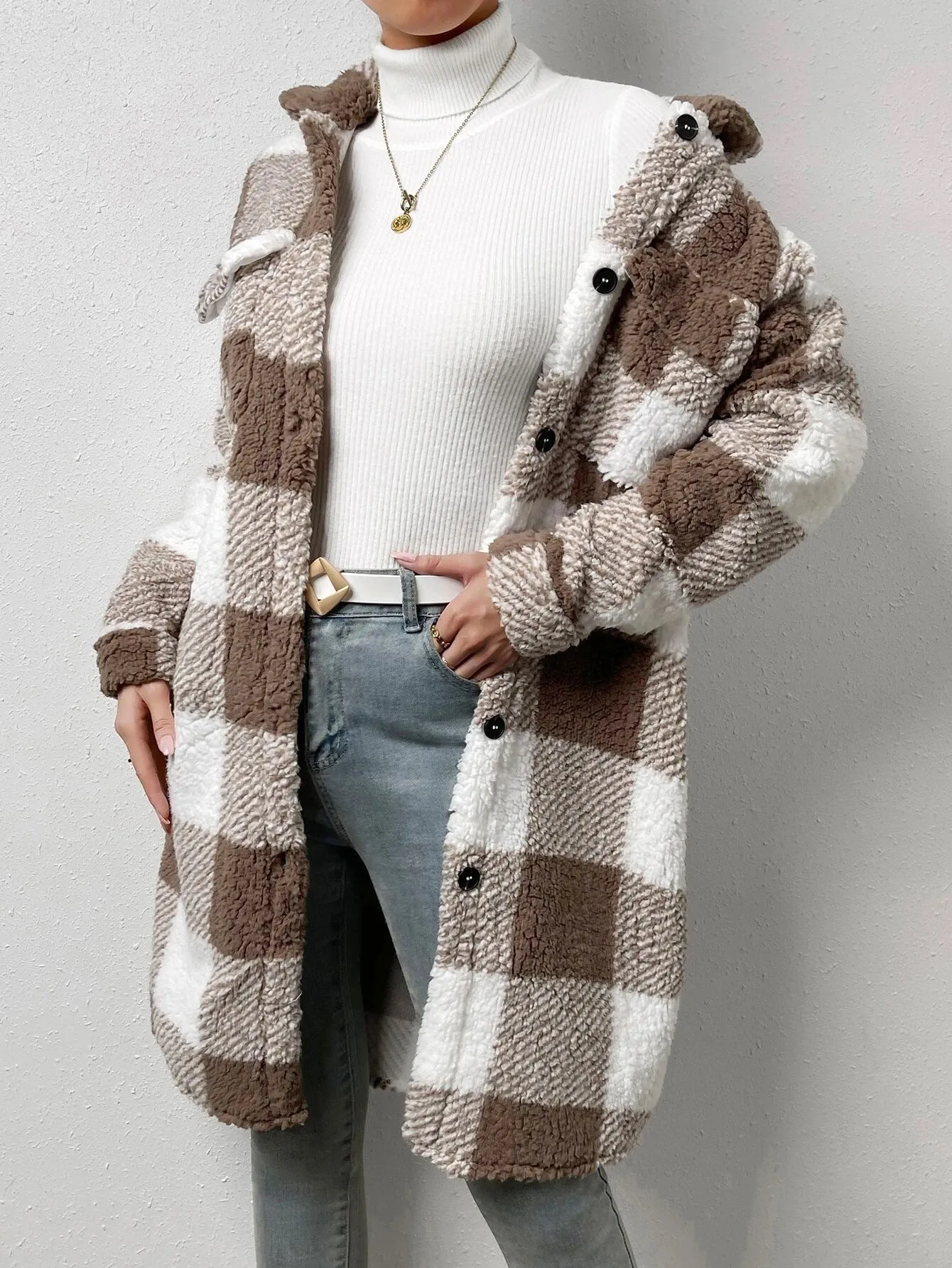 Button Lapel Plush Plaid Coat Loose- GlamzLife