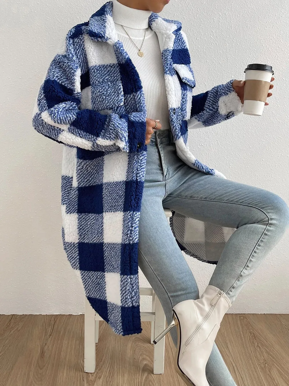 Button Lapel Plush Plaid Coat Loose- GlamzLife